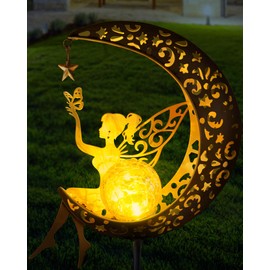 Vuees Solar Garden Statues Outdoor Decor, Fairy Moon Figurine Light Stake, Housewarming Ornament for Patio, Lawn, Yard, Pathway - Unique Gift Ideas for Gardening Mom Grandma | Vuees