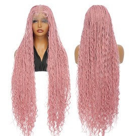 SUPERNOVA #Pink Full Lace Knotless Box Braided Wigs 36 Inch Long Wavy Square Knotless 360 Full Lace Synthetic Hair Boho Braided Wig For Black Women Breathable Cap Hot Pink Box Braids Wig