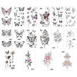 Sucodver Tattoo Stickers, Butterfly, Flower, Rose, Tattoo Seal, Butterfly, Cute, Set of 16, Cool, Stylish, Summer, Removable, Long-Lasting, Waterproof, Women's Collarbone