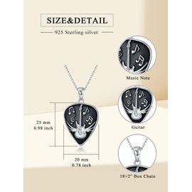 Flpruy Guitar Pick Necklace 925 Sterling Silver Guitar Jewelry Rocker Music Pendant Necklace Musical Gift for Guitarist Music Lover