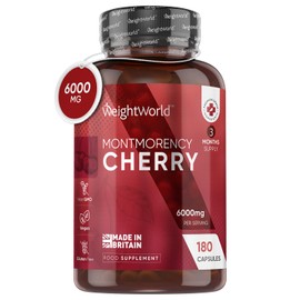 WeightWorld Montmorency Cherry Capsules 6000mg - 180 Tart Cherry Capsules(3 Months Supply)- 50:1 Natural Tart Cherry Extract Supplement for Men & Women - Gluten Free, Vegan, Lab Tested & Non-GMO - Made in The UK