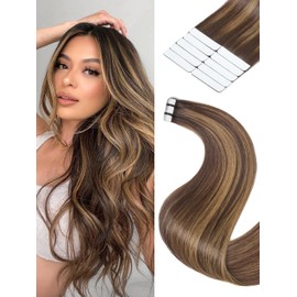 Frodio Tape in Hair Extensions Human Hair 14 Inch Remy Tape ins Human Hair Invisible Extensions Color Brown Highlight Fashion Extension Seamless Silky Straight Skin Weft 25Pcs 50G