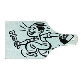 Lunarable Cartoon Cutting Board, Monochrome Pattern Simplistic Cartoon Illustration of Plumber Running, Decorative Tempered Glass Cutting and Serving Board, Wine Bottle Shape, White and Charcoal Grey
