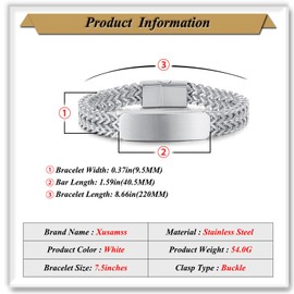 Xusamss Mens Cuban Link Bracelet Stainless Steel Double Layer Chain Jewelry Heavy Blank Bar Design Link Bracelet for Men(White)