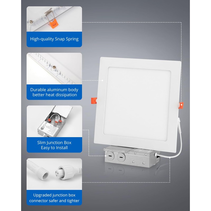 Vtuik 8 Inch Square LED Recessed Ceiling Light, 18W Dimmable