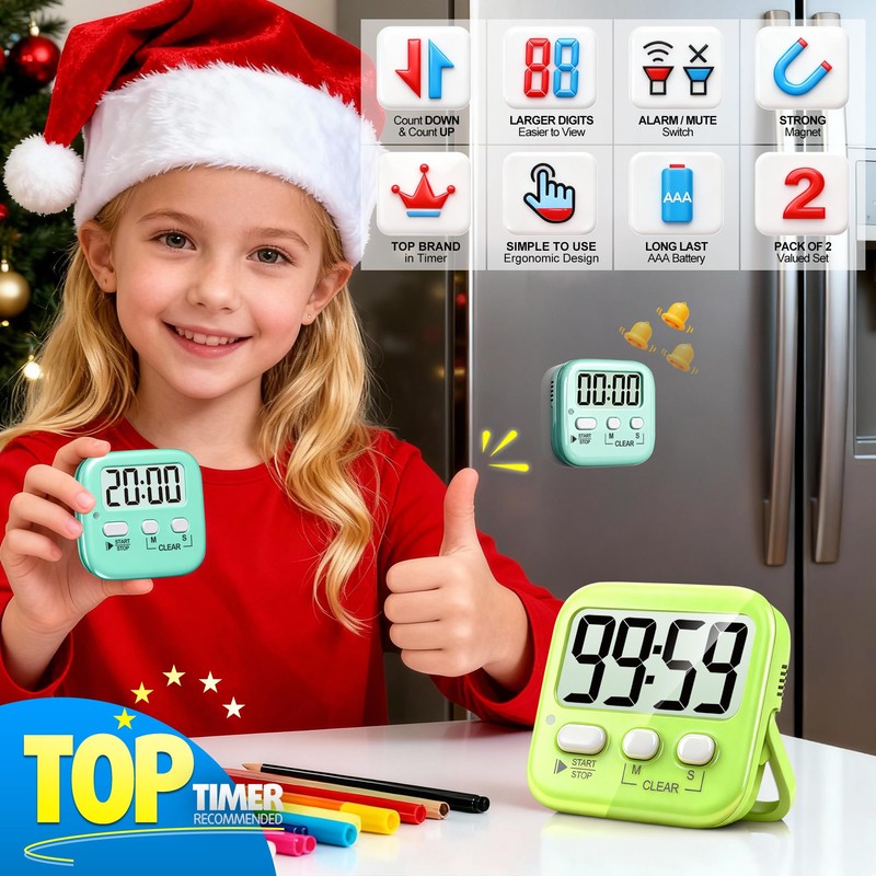 Antonki 2 Pack Digital Timer for Kids, Magnetic Countdown Kitchen