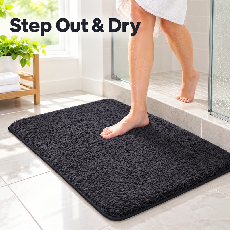 Long-Hair Furry Bathroom Mat, Absorbent Plush Shower Floor Rug, Soft