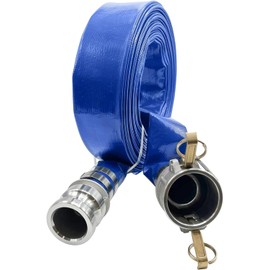 Poolzilla 1.5" x 50' Flat Industrial Blue PVC Backwash Hose with Aluminum Camlock with C & E Fittings, Heavy Duty Reinforced Pump Backwash Hose For Swimming Pools & Spas, 90 PSI Max Pressure