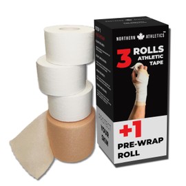 NORTHERN ATHLETICS Sports Tape and Pre Wrap foam tape - 3 pk of white athletic tape and 1 pk of pro wrap for protecting wrists, anlkles and other joints while playing soccer, football, volleyball and gymnastics (1.5" by 30 feet * 2.75" by 90 feet)