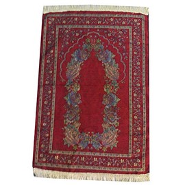 Islam Portable Sajadah Carpet Thin Prayer Mat Janamaz AMN-211 Floral Design Chenille Worship Blanket Travel Rug Namaz Area Muslim Gift (Red)