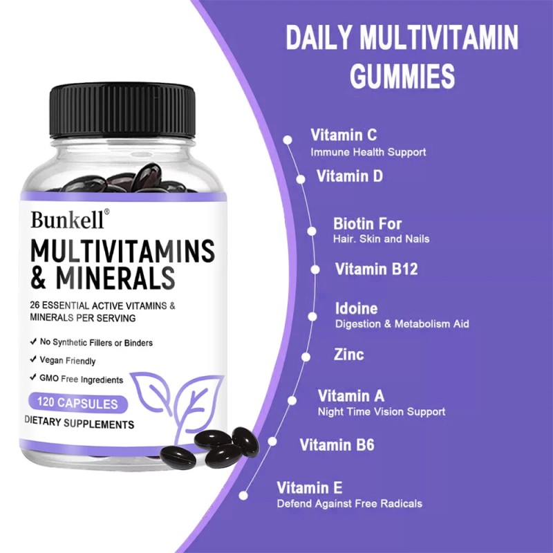 Bunkell Multivitamins Minerals Capsules Improve Energy Vitality Boost Immunity 120