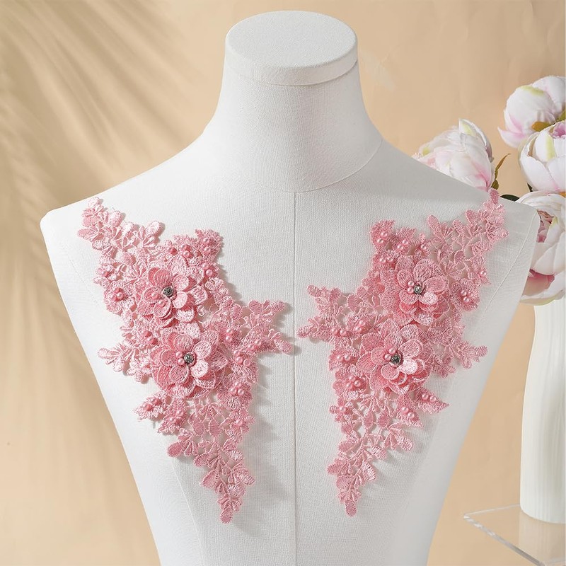 CABODYALS 2 Pairs 4Pcs Pink Floral Embroidery Applique Beaded 3D