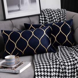 DEZENE Gold Velvet Throw Pillow Covers Navy: 2 Pack 12x20 Inch Rectangular Decorative Pillow Cases for Bedroom Sofa Couch Living Room