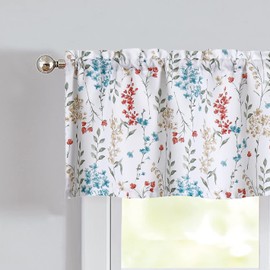 Cortina de cocina floral con estampado de flores botánicas coloridas, bolsillo para barra de granja, cortinas pequeñas para cocina, café, baño, ventana, 56 x 15 pulgadas, acuarela, 1 panel