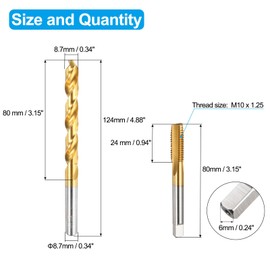 sourcing map Tap and Drill Bit Set, 1pcs M10 x 1.25 Straight Flute Thread Screw Tap & 1pcs 8.7mm Twist Drill Bit, Titanium Coated HSS-6542 Tapping Threading Tool Kit