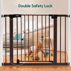 BABELIO 29-40" Metal Baby Gate with Black Wood Pattern, Auto Close Dog Gate for The House、Stairs and Doorways, Pressure Mounted Pet Gate with Door, with Wall Protectors and Extenders