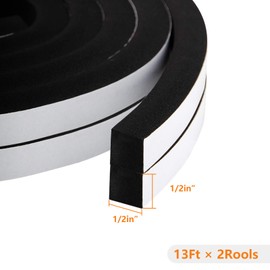 Window Insulation Weather Stripping-2 Rolls,1/2 Inch Wide X 1/2 Inch Thick, Closed Cell Foam Tape Adhesive Rubber Seal Strip, Total 13 Feet Long (2 X 6.5 Ft Each)