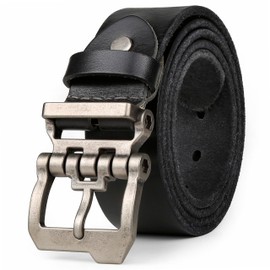 JingHao Men's Leather Belt, 110-170 cm, Denim Belt, Designer Buckle, Large Waist Men's Belt, 38 mm Wide, Black Brown, Black 2