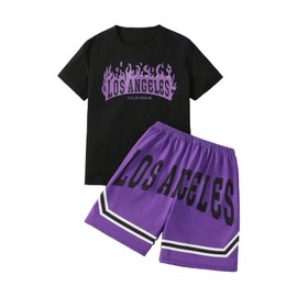 xueteox Summer Clothes for Boys 2 Pcs, Letter Print Tops and Shorts Sports Casual Outfit Set for Kids (Purple, 10Y)