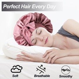 Silk Bonnet for Women, Satin Bonnet for Sleeping, Large Sleep Cap with Elastic Tie Band for Curly Hair (Bean Paste Pink)