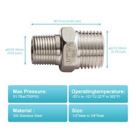 OFFO Shower Hose Connector, G1/2'' Male to G3/8'' Male Threaded Connector,Shower Hose Adapter, Chrome