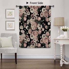 Xiaoput Black Floral Tie Up Valance Curtain for Windows, Boho Vintage Flower Rose Printed Valance Adjustable Window Treatments Shade Valance for Kitchen Living Room Bedroom 34X45IN