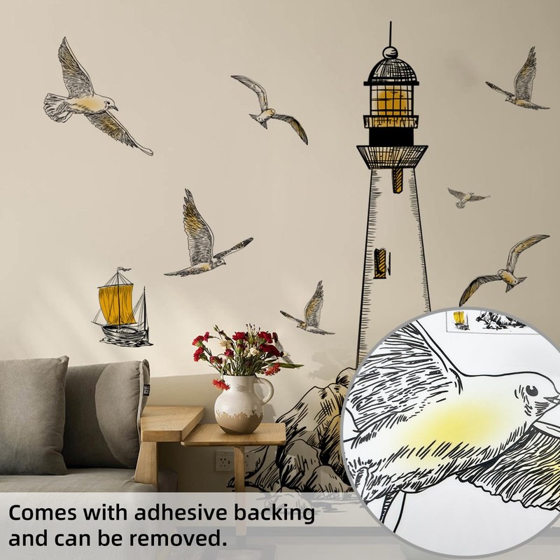 Runtoo Lighthouse Wall Decal Nautical Seagull Wall Stickers for Living