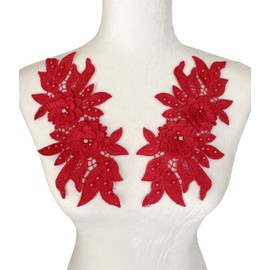 PEPPERLONELY 1 Pair 3D Lace Flower Mirror Rhinestone Pearl Glittered Sew on Embroidered Lace Applique Wedding Dress Bride's Headdress Adornment DIY Patchs, 9.5 x 4.5 Inches, Red