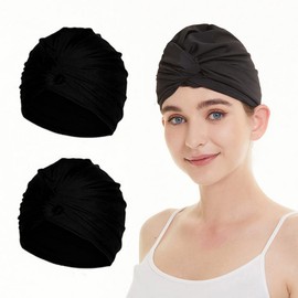 2 x Swimming Cap Women's Turban Swimming Cap Ear Protection Swimming Cap Non-Slip Swimming Cap Retro Swimming Cap Girls Swimming Cap Elastic Swimming Cap Summer Swimming Cap for Long Short Hair Black