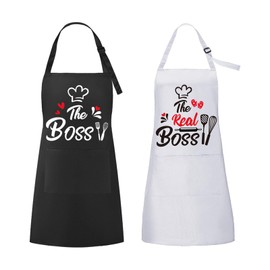 ROSEMO Mr & Mrs Kitchen Apron The Boss and The Real Boss Funny Couples Kitchen Apron with Pocket Adjustable Cooking Apron BBQ Aprons Gift for Wedding Engagement Valentine's Day Christmas Pack of 2