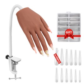Mano de silicona para uñas acrílicas, flexibles y flexibles, 22 cm, mano de maniquí artificial realista suave para entrenamiento de uñas, kit de herramientas con 100 puntas de uñas, lima de uñas y cortaúñas