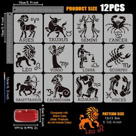FINGERINSPIRE 12 PCS Twelve Zodiac Figures Stencil with Brush 5.9x5.9inch Zodiac Constellation Symbols Stencil Decoration Fantasy Theme Template for Painting on Wood Canvas Fabric Wall Furniture