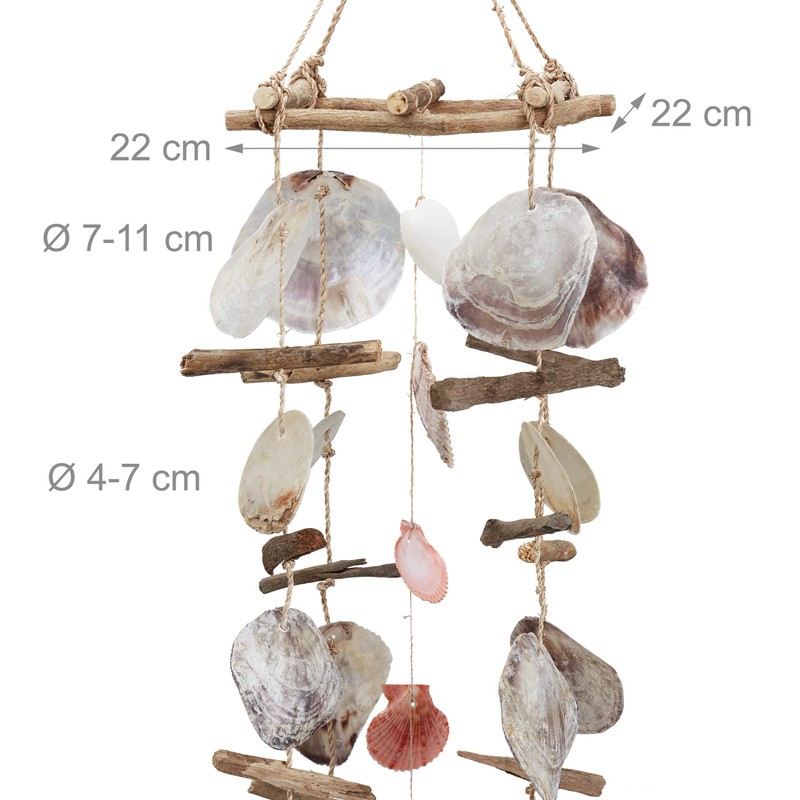 Relaxdays Windspiel mit Treibholz, Capiz-Muscheln, Jakobsmuscheln, großes Klangspiel als Strand