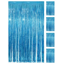 PVEGOS 4PCs 3.3 x 8.3 ft Laser Light Blue Glitter Tinsel Curtains Foil Curtain Backdrop.Laser Luminescent Particles Foil Fun Fringe Streamers for Party Birthday Decoration,Engagement,School Events