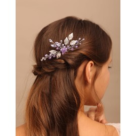 Teyglen Silver Leaf Headpiece Bridal Purple Crystal Hair Comb Amethyst Rhinestone Wedding Hair Comb Simple Hair Piece Hair Accessories for Women