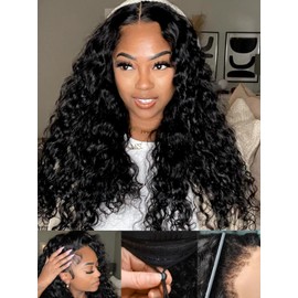 Sunber Put On and Go Glueless 4C Kinky Edges Water Wave Human Hair Wigs Pre Cut 13x4 HD Lace Frontal Pre Bleached Knots with Elastic Drawstring 180% Density 18Inch Pre Everything Water Wave Wigs