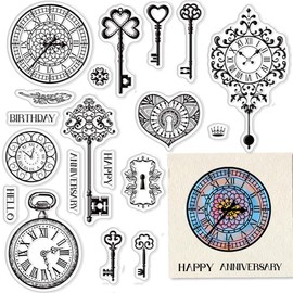 CRASPIRE Key Clear Stamps for Card Making Decoration Scrapbooking Supplies, Clock Clear Stamps Pocket Watches Transparent Rubber Stamps for Paper Card Photo Album Crafting Decoration