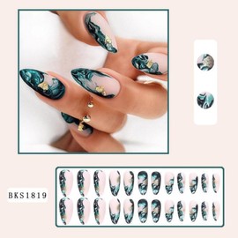 Green Painting Press on Nails Fake Nails Almond Medium,Aqinmony with Designs False Nails Almond Medium, French Tip Full Cover Glue on Nails Almond Medium, Glossy Acrylic Thick Stick on Nails Medium For Women 24Pcs BKS1819