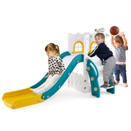 BABY JOY Toddler Slide, 6-in-1 Indoor Kids Slide Playset with Basketball Hoop, Telescope, Climbing Ladder & Storage Space, Freestanding Playhouse & Climber for Kids Aged 1-3 (Yellow)