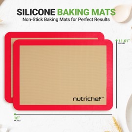 Nutrichef Silicone Baking Mats - 2 Non-stick Food-Grade Reusable Silicone Mats - Perfect for Half Baking Pans 16.5 x 11.6 IN - Oven-Safe Up to 480 Degrees F - Safe for Ovens & Dishwashers - Red