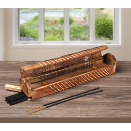 Wooden Coffin Incense Stick Cone Burner Holder Stand with Storage Compartment Ash Catcher Hand Carved, Incense Stick Stand, Stick Holder, Incense Burners - Burnt Color - 12"x2.25"x2.75"