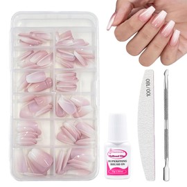 French False Nails Kit with Glue - 120PCS Natural Gradient Pink Fake Nails - Full Cover Press On Nails Pink Tips Set - Glossy Acrylic Stick On Nails for French Nail Art DIY Manicure