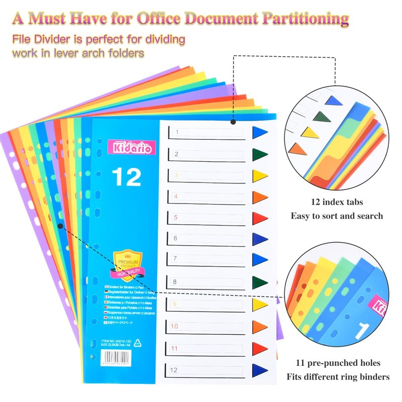 File Dividers Folder Dividers 12 Part, 3 Pack Plastic Binder