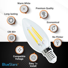 BlueStars C35 E14 European Base LED Bulb 4W (40 Watt Equivalent), 2700K Warm White 450lm, C35 Clear Torpedo Shape Bullet Top for Chandeliers, Ceiling Fan, Wall sconces - 6 Packs
