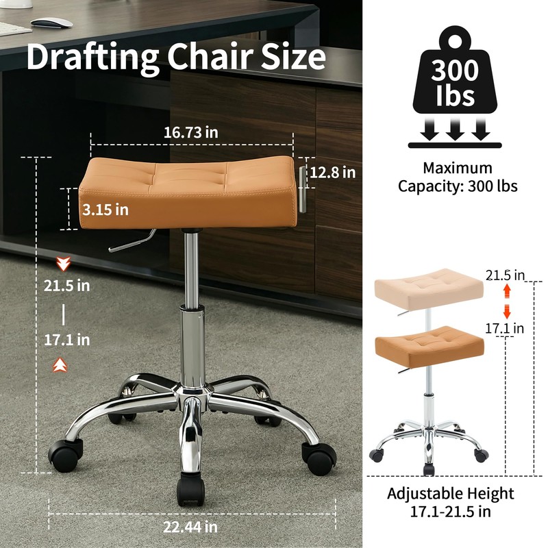 FIRAVOE Office Stool with Wheels (300lbs Capacity) (Adjustable Height 17"-21")