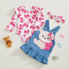 Gaono Newborn Baby Girl 3Pcs Denim Clothes Jean Overall Dress Outfit Ruffle Sleeve Romper Suspender Skirt With Headband (A-Pink, 0-3 Months)
