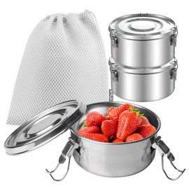 Stainless Steel Lunch Box, Pack of 3, 360 ml Stainless Steel Container with Drawstring Pockets, Stainless Steel Container with Lid, Food Storage Containers, Stainless Steel, Round Lunch Box for