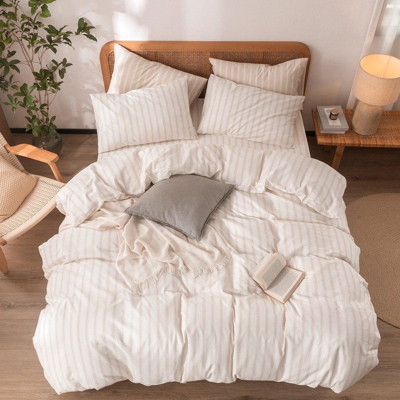 Striped Cotton Duvet Cover Set Linen Feel Queen