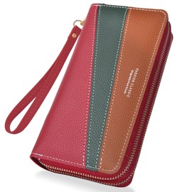 Cartera Mujer, Gran Capacidad Cartera de Cuero, 8 Ranura para Tarjeta, Carteras de Dama para Dinero en Efectivo y Monedas y Tarjetas, Billetera Doble con Correa de Muñeca para Viaje Largo, Rojo