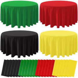 MASHAN 24Pcs Red Green Yellow Black Plastic Tablecloths, Disposable Round Table Covers for Kwanzaa Black History Month Juneteenth African American Festival Holiday Party Decorations,84inch